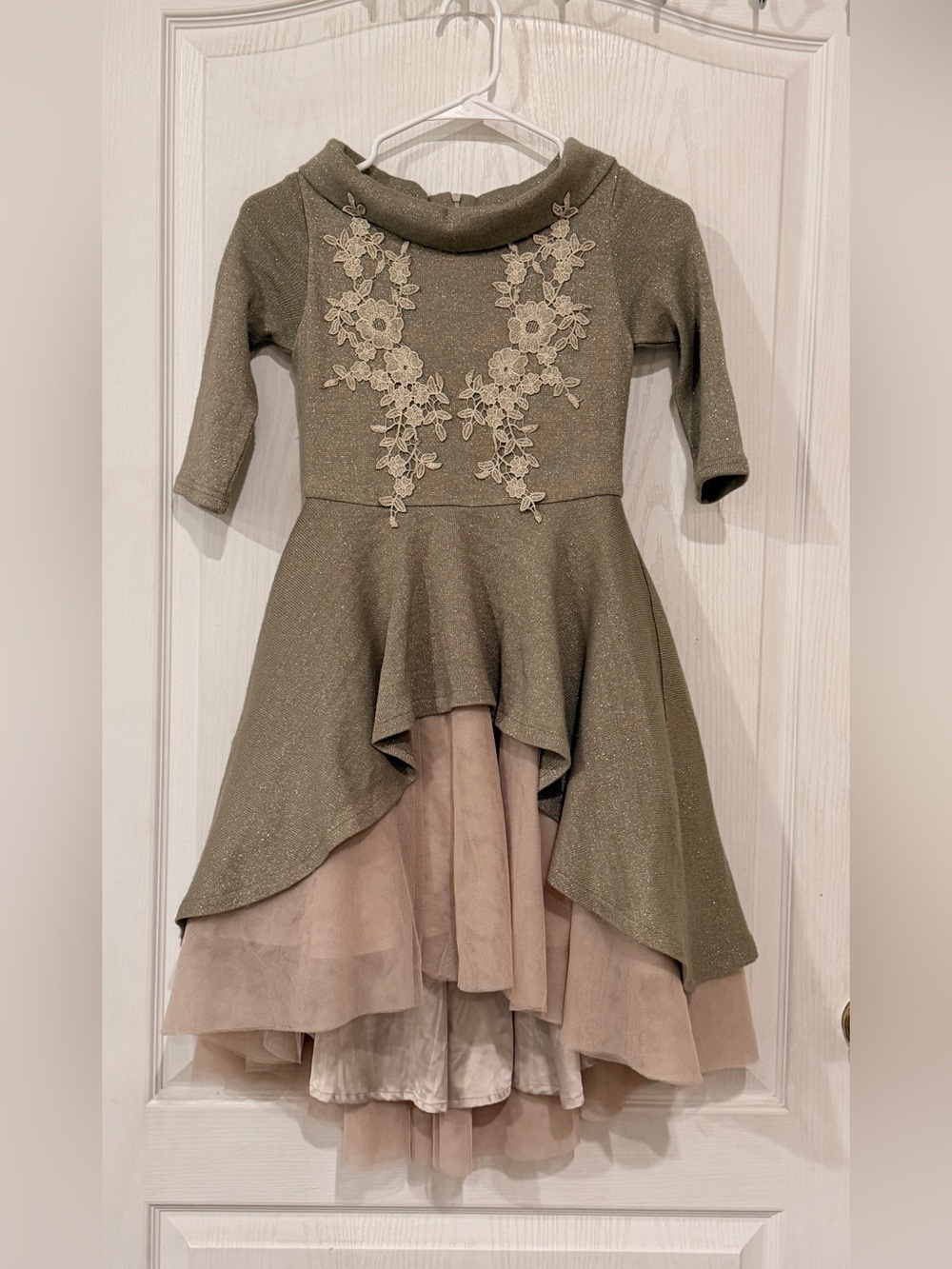 Mia Joy Girls' Champagne Glitter High-Low Dress with Cream Lace Appliqué